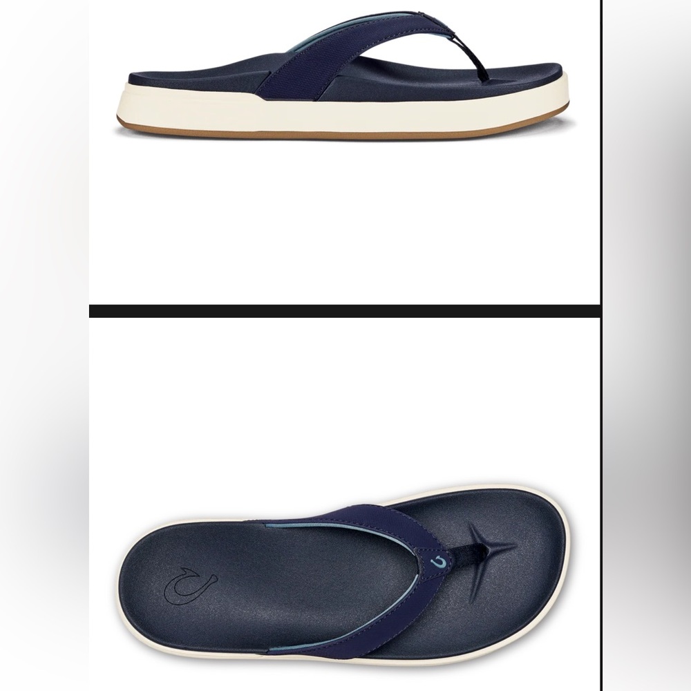 OluKai Navy and Cream Flip Flop Sandals